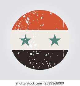 A round Syria flag icon in vintage, faded colors with a distressed, grunge texture. The aged look adds a nostalgic feel for cultural, historical, political or patriotic designs.