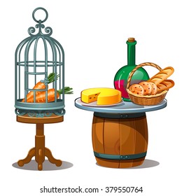 Round table from the barrel. Fresh food. Carrots in the cage. Vector illustration.