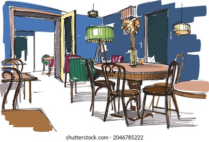A round table with bentwood chairs in the coffee shop