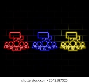 Round table business meeting neon icon. Conference, social network, team building symbol. Vector illustration..