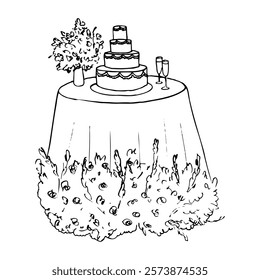 round table with cake and glasses decorated with flowers - hand drawn line art sketch