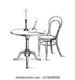 Round table, candle on the candlestick, inkwell with  goose-quill, open book and bentwood chair.Vector vintage illustration of isolated objects. Interior sketch.