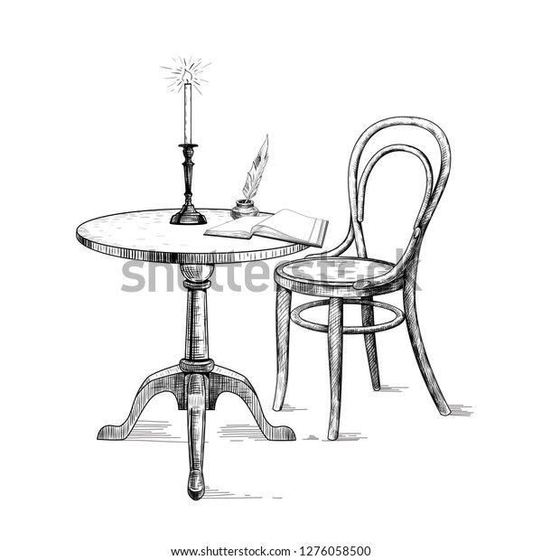 Round Table Candle On Candlestick Inkwell Stock Vector Royalty