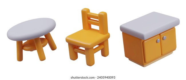 Round table, chair, chest of drawers. 3D stool, footstool. Vector objects, angle view. Wooden furniture on white background. Illustrations for furniture store categories, interior applications