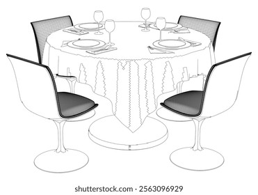 Round table and chair vector set. Restaurant chair and table. Outline illustration for coloring book, interior projects, designers.