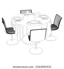 Round table and chair vector set. Restaurant chair and table. Outline illustration for coloring book, interior projects, designers.