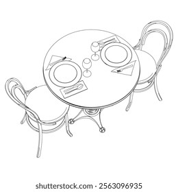 Round table and chair vector set. Restaurant chair and table. Outline illustration for coloring book, interior projects, designers.