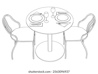 Round table and chair vector set. Restaurant chair and table. Outline illustration for coloring book, interior projects, designers.