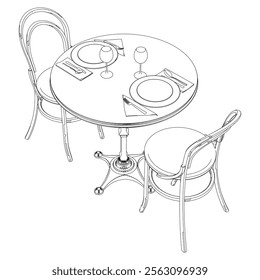 Round table and chair vector set. Restaurant chair and table. Outline illustration for coloring book, interior projects, designers.