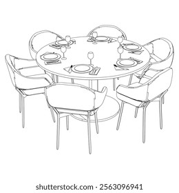 Round table and chair vector set. Restaurant chair and table. Outline illustration for coloring book, interior projects, designers.