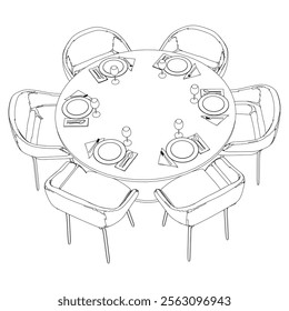 Round table and chair vector set. Restaurant chair and table. Outline illustration for coloring book, interior projects, designers.