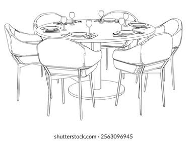 Round table and chair vector set. Restaurant chair and table. Outline illustration for coloring book, interior projects, designers.