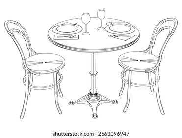 Round table and chair vector set. Restaurant chair and table. Outline illustration for coloring book, interior projects, designers.