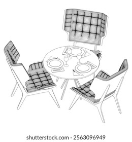 Round table and chair vector set. Restaurant chair and table. Outline illustration for coloring book, interior projects, designers.