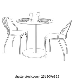 Round table and chair vector set. Restaurant chair and table. Outline illustration for coloring book, interior projects, designers.