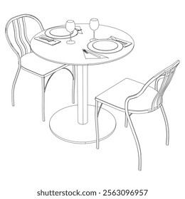 Round table and chair vector set. Restaurant chair and table. Outline illustration for coloring book, interior projects, designers.