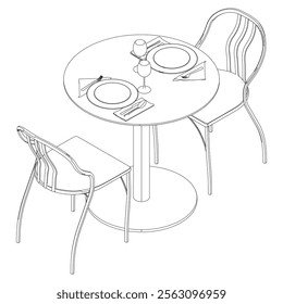 Round table and chair vector set. Restaurant chair and table. Outline illustration for coloring book, interior projects, designers.