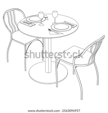Round table and chair vector set. Restaurant chair and table. Outline illustration for coloring book, interior projects, designers.