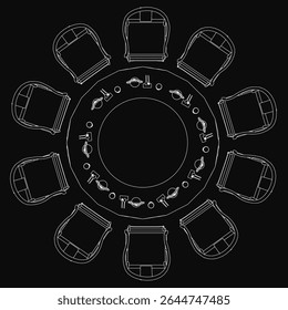A round table of chairs arranged in a perfect symmetrical circle on a stark black background, drawn in black and white. The minimalist design highlights clean lines and geometric precision, creating.