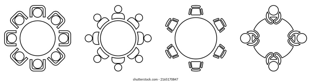 Round table with chairs icons in line art style. Table for business meetings. Vector illustration isolated on white background