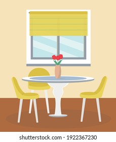 Mesa redonda con sillas. Cocina (cafetería) en tonos amarillos. Interior acogedor y moderno. Ilustración vectorial plana