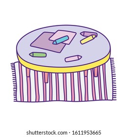 round table with color pencils and paper on striped carpet on white background vector illustration