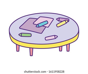round table with color pencils and paper draw on white background vector illustration