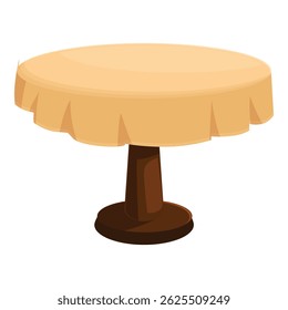 Round table covered with beige tablecloth standing on one leg, furniture for home or cafe interior