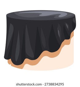 Round table covered with a black tablecloth reaching the floor, creating an elegant and mysterious atmosphere