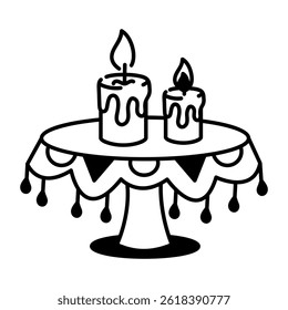 Mesa redonda con un mantel decorativo, icono de estilo doodle
