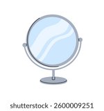 Round table desktop mirror on desk stand, metal frame. Beauty cosmetic grooming tabletop accessory for makeup, dressing. Flat graphic vector illustration isolated on white background