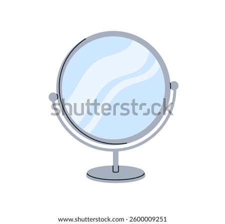 Round table desktop mirror on desk stand, metal frame. Beauty cosmetic grooming tabletop accessory for makeup, dressing. Flat graphic vector illustration isolated on white background