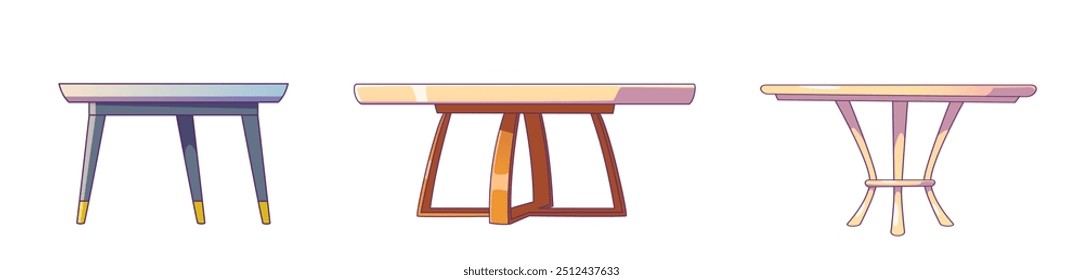 Round table with leg icon. Kitchen interior furniture set. Restaurant or living room decor with empty surface in minimalist style. Indoor circle shape dinner object design. Elegant clean cafe