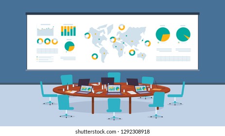 Round Table for Meeting at Office Company Business. World Map with Graph Profit Growth at Different Points Business Corporation. Conference Hall Signing Contract. Work Space Employee Firm