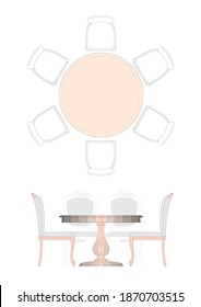 Round table on one leg with six soft chairs around