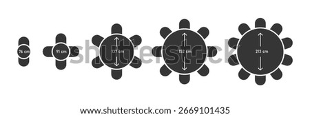 Round Table Seating Charts with Sizes. Vector illustration of round tables with dimensions and seating arrangements. Sheme for banquet, wedding, catering, and event planning
