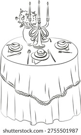 Round table set with plates, cup, cutlery, napkin, candelabra and flower vase in vintage sketch line style. Symbol of romance, hospitality, fine dining, celebration. Cartoon vector illustration.