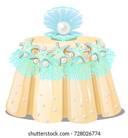 Round table with tablecloth, embellished with natural pearls, corals and open seashell pearl oyster isolated on white background. The interior in Maritime style. Vector cartoon close-up illustration.