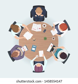 Round Table Top View. Business People Sitting Meeting Corporate Workspace Brainstorming Working Team Vector Illustration. Table Work For Conference And Discussion, Brainstorming Meeting