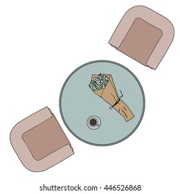 Round table top view with a cup of coffee and a bouquet of flowers. Flat vector illustration. (Can be used as texture for cards, invitations, DIY projects, web sites or for any other design.)
