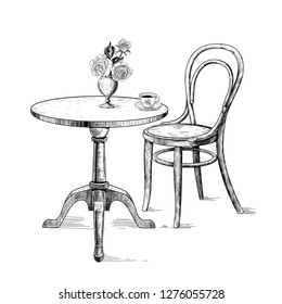  Round table, vase with a bouquet of roses,coffee cup and saucer and bentwood chair.Vector vintage illustration of isolated objects. Interior sketch.