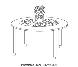 Round table and a vase of flowers on a white background. Vector illustration. 