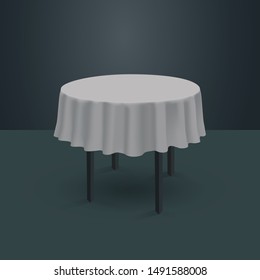 Round table, white tablecloth, in a dark room. Vector illustration in realistic style