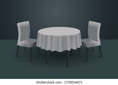 Round table, white tablecloth, two chairs, dark room. Vector illustration in realistic style