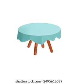 Round table with wooden legs and a blue tablecloth. 3d icon vector illustration of simple furniture design. Suitable for interior design, decor, and home-related themes.