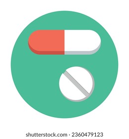 Comprimido redondo y vector de la cápsula. Medicina con principio activo para el tratamiento de enfermedades de los pacientes. Icono vectorial plano multicolor que representa el concepto de artículos medicinales aislados en fondo blanco