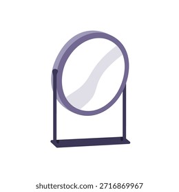 Espelho de mesa redonda no suporte de metal. Moldura de círculo, acessório de reflexão da área de trabalho, objeto cosmético para a beleza, preparação, maquiagem. Ilustração de vetor plano isolada no plano de fundo branco
