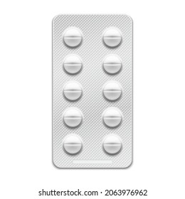 Round tablets in blister pack. 10 tablets per pack. Vector illustration.