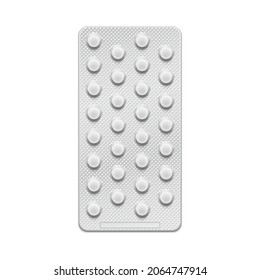 Round tablets in blister pack. 30 tablets per pack. Vector illustration.