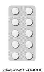 Round tablets in a blister. Pharmaceutical blister pack isolated on white background. Vector illustration